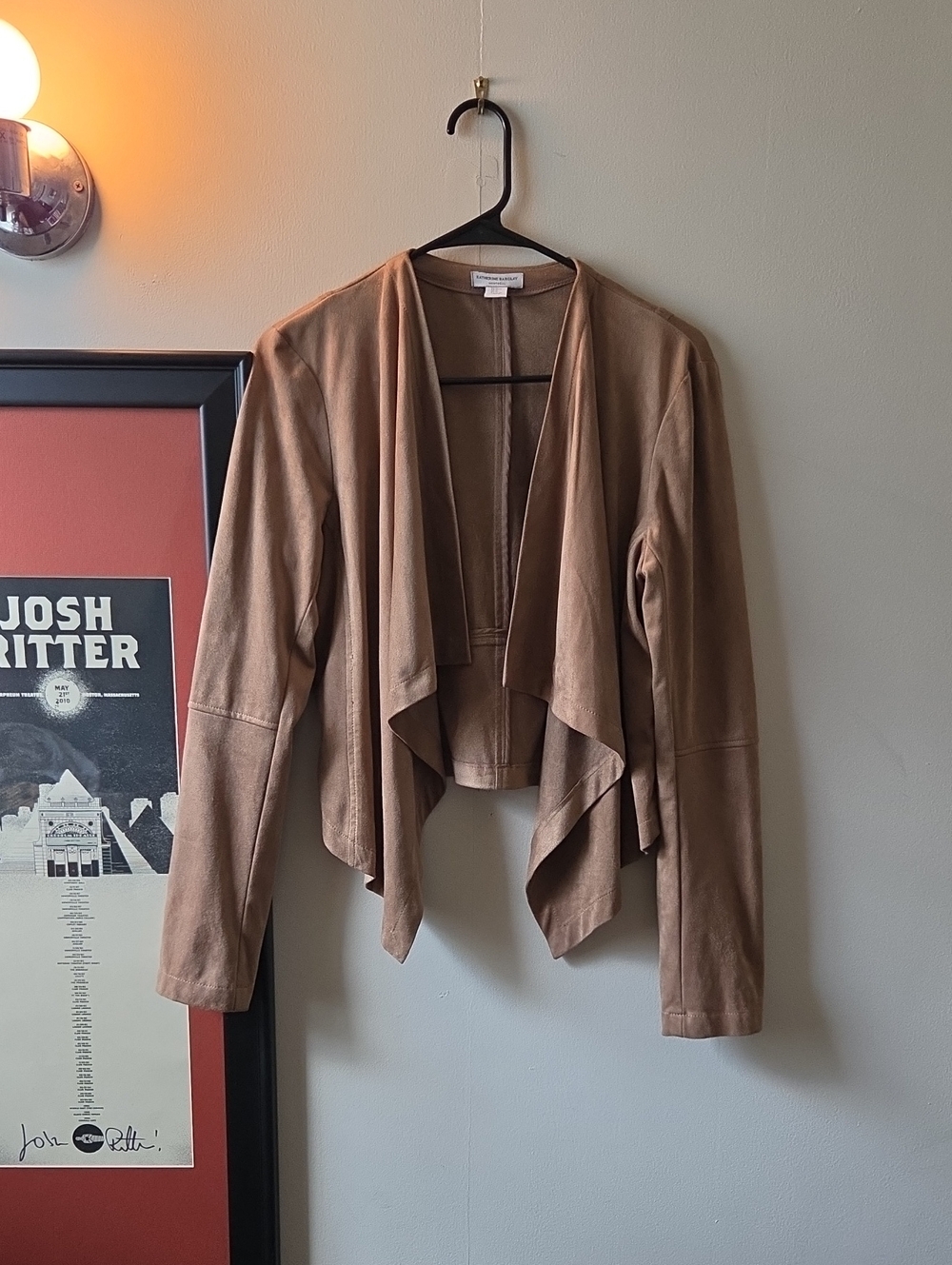 Katherine Barclay Tan Suede Draped Open-Front Jacket